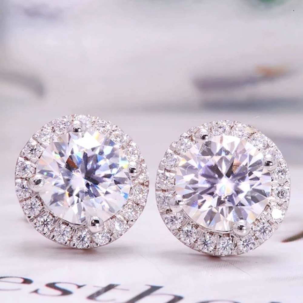 New Round Stud Diamond Sterling Silver Earrings - Picture 12 of 14